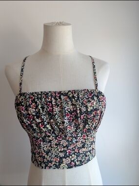 Dynamite Black Floral Smocked Crop Top with Spaghetti Straps